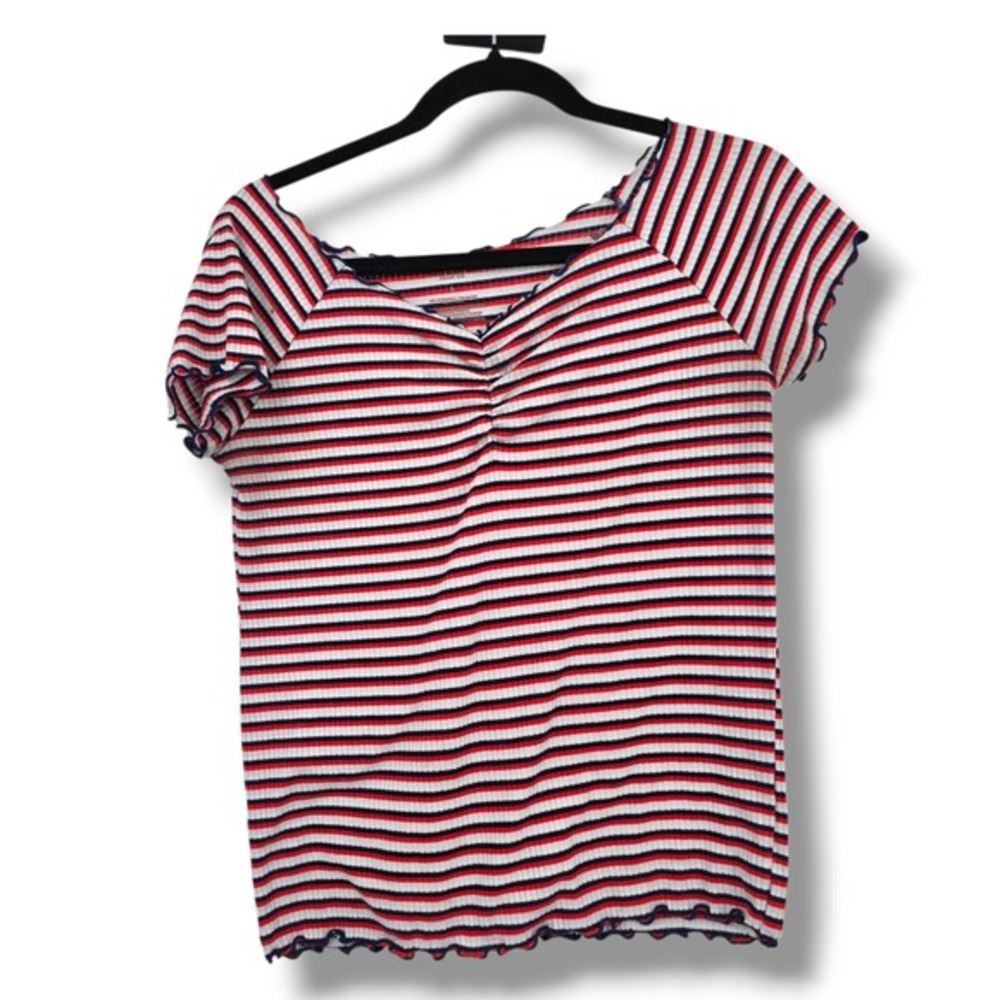 Arizona Jean Co Striped T-Shirt Ruffle Trim V-Neck Top Red White Blue L‎